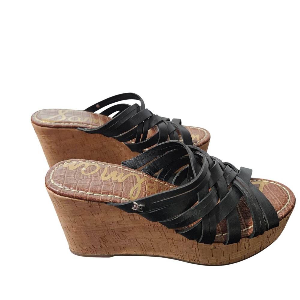Sam Edelman Black‎ Leather Strappy Cork Wedge Platform Sandals Womens 8 - Picture 6 of 8